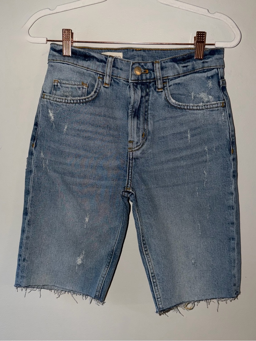 Light Wash Distressed Denim Bermuda Shorts
